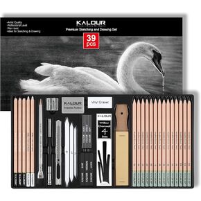 KALOUR PDAS 39pcs Drawing Pencils Set, Professional Sketch Pencils (5H-14B), Black and White Charcoal Pencils for Sketching, Eraser Brush Pen, Charcoal Sticks, Art Pencils Set for Artists & Beginners