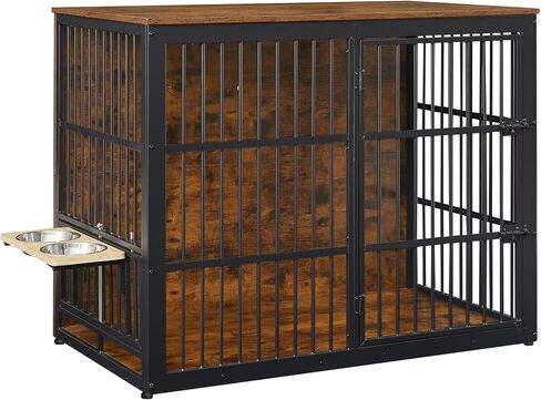 Dog Crate Furniture, 48 Inch Dog Kennel Furniture, Wooden Dog Crate Furniture Large Breed with Rotating Bowls, Heavy Duty Dogs Cage Furniture Indoor, Decorative Crates End Table, Brown in Saudi Arabia