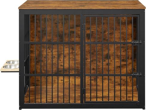 Dog Crate Furniture, 48 Inch Dog Kennel Furniture, Wooden Dog Crate Furniture Large Breed with Rotating Bowls, Heavy Duty Dogs Cage Furniture Indoor, Decorative Crates End Table, Brown in Saudi Arabia