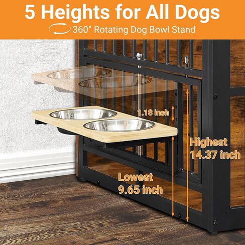 Dog Crate Furniture, 48 Inch Dog Kennel Furniture, Wooden Dog Crate Furniture Large Breed with Rotating Bowls, Heavy Duty Dogs Cage Furniture Indoor, Decorative Crates End Table, Brown in Saudi Arabia