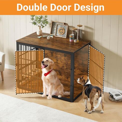 Dog Crate Furniture, 48 Inch Dog Kennel Furniture, Wooden Dog Crate Furniture Large Breed with Rotating Bowls, Heavy Duty Dogs Cage Furniture Indoor, Decorative Crates End Table, Brown in Saudi Arabia