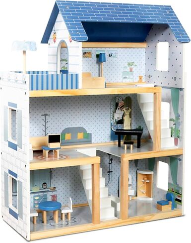 Lil' Jumbl Kids Wooden Dollhouse, 17-Piece Accessories & Furniture are Included, with Balcony & Stairs, 3 Story Easy to Assemble Doll House Toy - Blue in Saudi Arabia