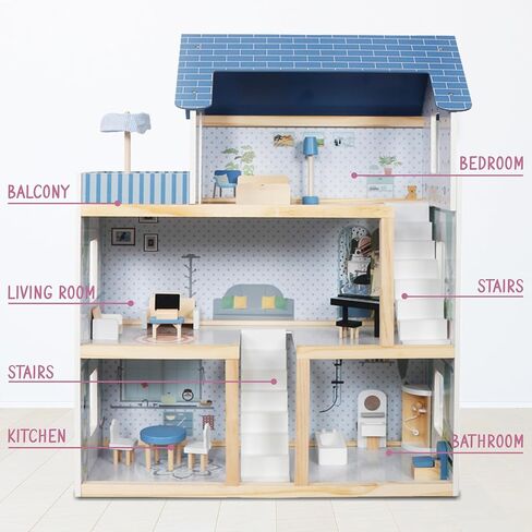 Lil' Jumbl Kids Wooden Dollhouse, 17-Piece Accessories & Furniture are Included, with Balcony & Stairs, 3 Story Easy to Assemble Doll House Toy - Blue in Saudi Arabia