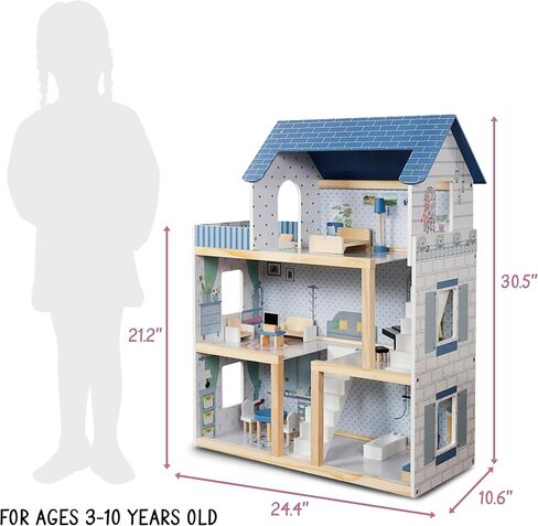 Lil' Jumbl Kids Wooden Dollhouse, 17-Piece Accessories & Furniture are Included, with Balcony & Stairs, 3 Story Easy to Assemble Doll House Toy - Blue in Saudi Arabia