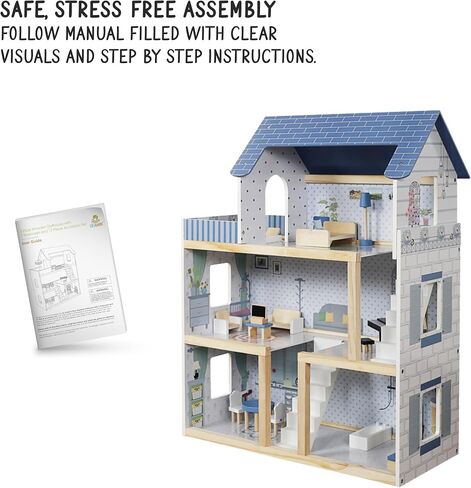 Lil' Jumbl Kids Wooden Dollhouse, 17-Piece Accessories & Furniture are Included, with Balcony & Stairs, 3 Story Easy to Assemble Doll House Toy - Blue in Saudi Arabia