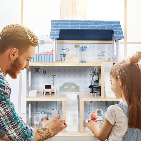 Lil' Jumbl Kids Wooden Dollhouse, 17-Piece Accessories & Furniture are Included, with Balcony & Stairs, 3 Story Easy to Assemble Doll House Toy - Blue in Saudi Arabia