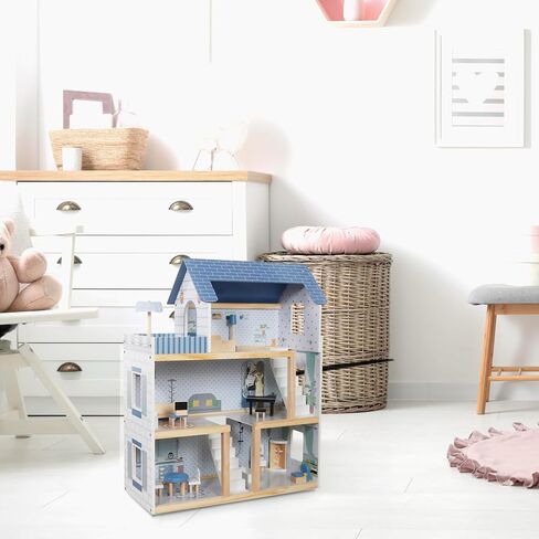 Lil' Jumbl Kids Wooden Dollhouse, 17-Piece Accessories & Furniture are Included, with Balcony & Stairs, 3 Story Easy to Assemble Doll House Toy - Blue in Saudi Arabia