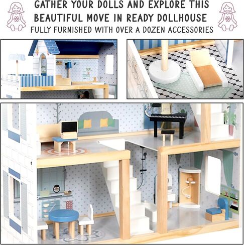 Lil' Jumbl Kids Wooden Dollhouse, 17-Piece Accessories & Furniture are Included, with Balcony & Stairs, 3 Story Easy to Assemble Doll House Toy - Blue in Saudi Arabia