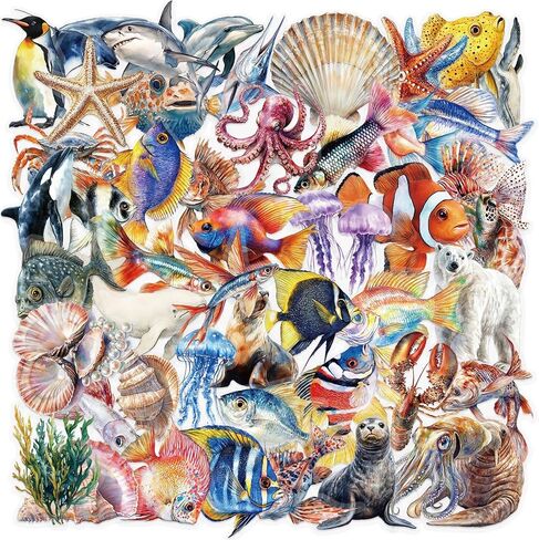 50pcs Marine Organism Transparent PET Stickers for Journaling Supplies, Lovely Sea Fish Sticker for Scrapbooking, Aesthetic Sea Animals Decor for Junk Journal Bullet Journals (SEA-PET) in Saudi Arabia
