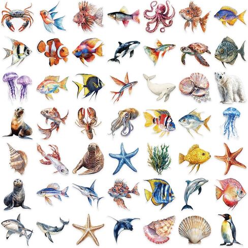 50pcs Marine Organism Transparent PET Stickers for Journaling Supplies, Lovely Sea Fish Sticker for Scrapbooking, Aesthetic Sea Animals Decor for Junk Journal Bullet Journals (SEA-PET) in Saudi Arabia
