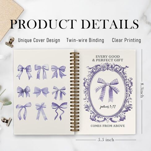 Blue Bow Christian Spiral Notebook for Women, Coquette Bible Journal Notebook for School Work, Bible Notebooks for Note Taking, James 1:17 Office Supplies Gifts for Women Girls, 5.5x8.3 Inch in Kuwait