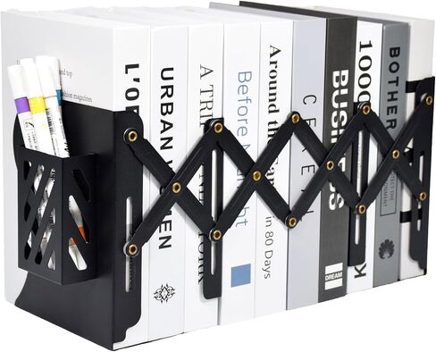 SAYEEC Adjustable Bookends Metal Book Ends with Pen Holder for Heavy Books 3 Dividers Expandable Desk Book Stand Stopper Rack Magazine Binder Organizer for Shelves Bookcase Office School Home (Black) in Saudi Arabia