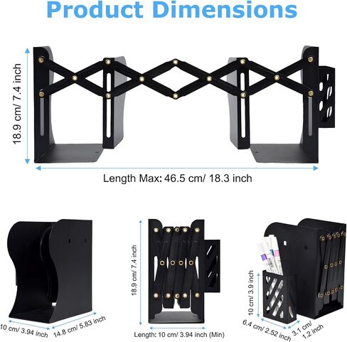 SAYEEC Adjustable Bookends Metal Book Ends with Pen Holder for Heavy Books 3 Dividers Expandable Desk Book Stand Stopper Rack Magazine Binder Organizer for Shelves Bookcase Office School Home (Black) in Saudi Arabia