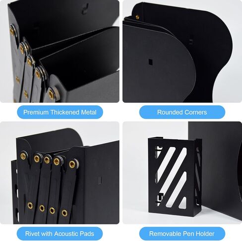 SAYEEC Adjustable Bookends Metal Book Ends with Pen Holder for Heavy Books 3 Dividers Expandable Desk Book Stand Stopper Rack Magazine Binder Organizer for Shelves Bookcase Office School Home (Black) in Saudi Arabia