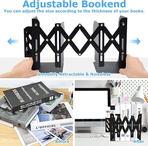 SAYEEC Adjustable Bookends Metal Book Ends with Pen Holder for Heavy Books 3 Dividers Expandable Desk Book Stand Stopper Rack Magazine Binder Organizer for Shelves Bookcase Office School Home (Black) in Saudi Arabia