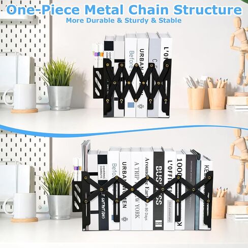 SAYEEC Adjustable Bookends Metal Book Ends with Pen Holder for Heavy Books 3 Dividers Expandable Desk Book Stand Stopper Rack Magazine Binder Organizer for Shelves Bookcase Office School Home (Black) in Saudi Arabia