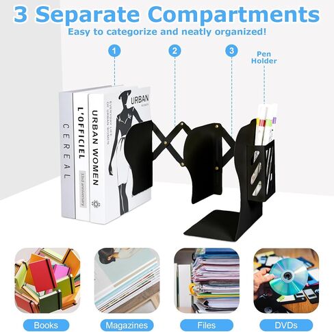 SAYEEC Adjustable Bookends Metal Book Ends with Pen Holder for Heavy Books 3 Dividers Expandable Desk Book Stand Stopper Rack Magazine Binder Organizer for Shelves Bookcase Office School Home (Black) in Saudi Arabia