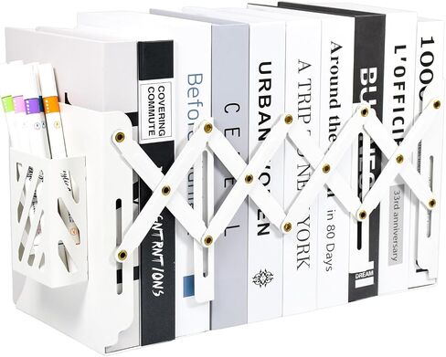 SAYEEC Adjustable Bookends Metal Book Ends with Pen Holder for Heavy Books 3 Dividers Expandable Desk Book Stand Stopper Rack Magazine Binder Organizer for Shelves Bookcase Office School Home (Black) in Saudi Arabia