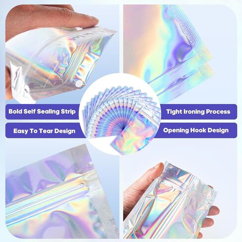 100 Pcs 2.7x9 Inch Holographic Pen Bags - Resealable Smell-Proof Packaging Bags for Party Favors, Food Storage, Cosmetics, Jewelry, Craft Supplies & Lip gloss in Saudi Arabia
