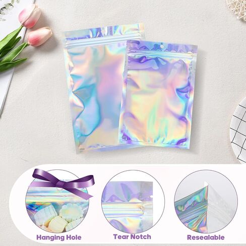 100 Pcs 2.7x9 Inch Holographic Pen Bags - Resealable Smell-Proof Packaging Bags for Party Favors, Food Storage, Cosmetics, Jewelry, Craft Supplies & Lip gloss in Saudi Arabia