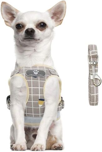 FEimaX Soft Mesh Dog Harness and Leash Set for Walking, No Pull Adjustable Reflective Puppy Step-in Vest Harness for Puppy Small Medium Dogs & Cats (XS (Chest 10.2-11.4''/26-29CM), Plaid Khaki) in Saudi Arabia