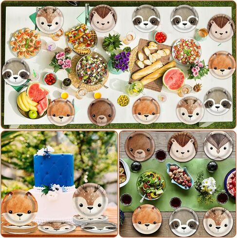 60pcs لوحات ورق حزب الغابات لزخارف الحفلات الحيوانية 7 بوصات غابات المخلوقات الحلوى التي يمكن التخلص منها أدوات المائدة المائدة المائدة لاستلواحات عيد ميلاد الطفل in Kuwait