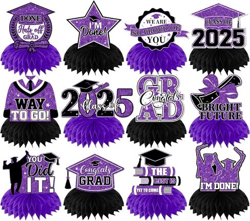 Purple Graduation Decorations Class Of 2025 Honeycomb Centerpiece,12pcs Purple and Black Graduation Table Decorations Congrats Graduation Centerpieces for Tables in Kuwait
