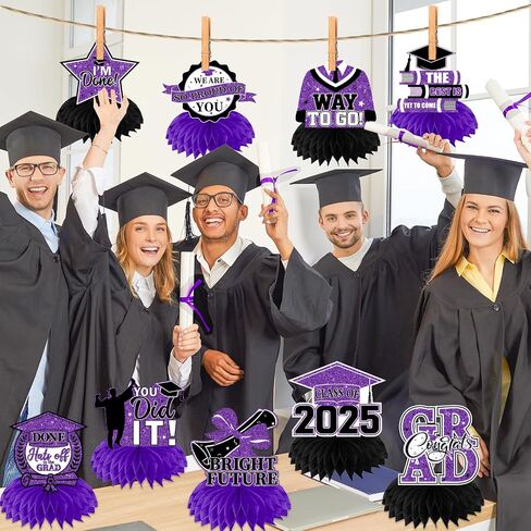 Purple Graduation Decorations Class Of 2025 Honeycomb Centerpiece,12pcs Purple and Black Graduation Table Decorations Congrats Graduation Centerpieces for Tables in Kuwait