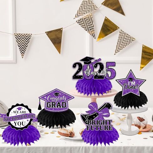 Purple Graduation Decorations Class Of 2025 Honeycomb Centerpiece,12pcs Purple and Black Graduation Table Decorations Congrats Graduation Centerpieces for Tables in Kuwait