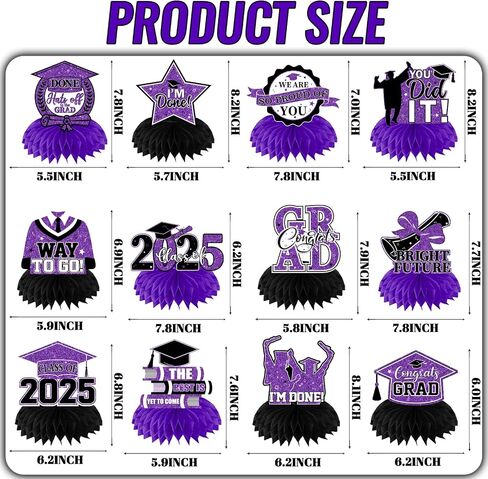 Purple Graduation Decorations Class Of 2025 Honeycomb Centerpiece,12pcs Purple and Black Graduation Table Decorations Congrats Graduation Centerpieces for Tables in Kuwait