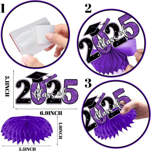 Purple Graduation Decorations Class Of 2025 Honeycomb Centerpiece,12pcs Purple and Black Graduation Table Decorations Congrats Graduation Centerpieces for Tables in Kuwait
