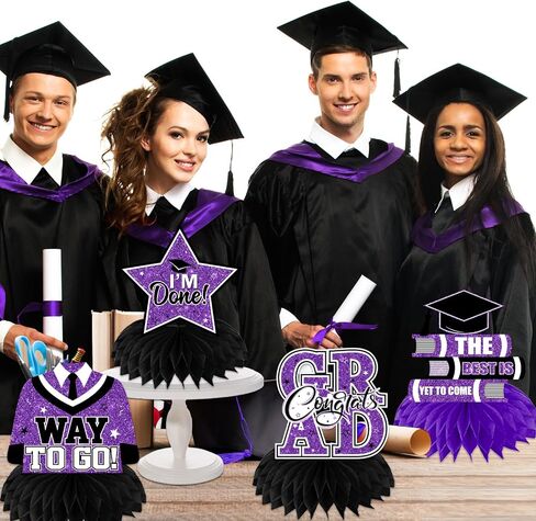 Purple Graduation Decorations Class Of 2025 Honeycomb Centerpiece,12pcs Purple and Black Graduation Table Decorations Congrats Graduation Centerpieces for Tables in Kuwait