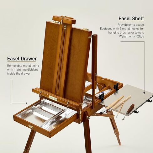حامل فرنسي للرسم من ATWORTH، حامل خشبي فاخر من خشب البلوط وصندوق رسم الاستوديو مع صينية جانبية معدنية، سطح طاولة محمول وحامل طلاء أرضي ثلاثي القوائم، يحمل قماشًا يصل إلى 34 بوصة - الجوز الرمادي in Kuwait