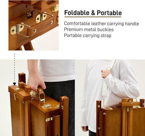 حامل فرنسي للرسم من ATWORTH، حامل خشبي فاخر من خشب البلوط وصندوق رسم الاستوديو مع صينية جانبية معدنية، سطح طاولة محمول وحامل طلاء أرضي ثلاثي القوائم، يحمل قماشًا يصل إلى 34 بوصة - الجوز الرمادي in Kuwait