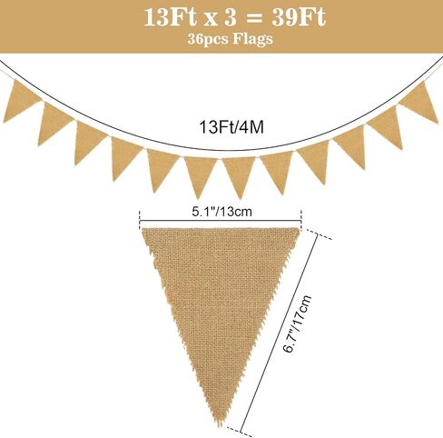 Burlap Banner Pre-Strung, 39Ft 36 Pcs Burlap Pennant Banner, Blank Burlap Banner, 5"x6.5" Customizable Burlap Banner for Holidays, Wedding, Baby Showers, Birthday Decoration in Saudi Arabia