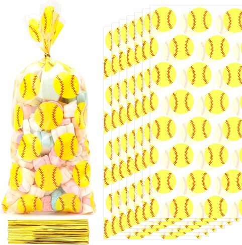 50 PCS Plastic Softball Cellophane Treat bags with Ties Goodie Candy Gift Bags Baby Shower Birthday Sport Gold Balls Game Team Party Decorations Favors Supplies Craft Baseball Pouches Clear(5x11) in Kuwait