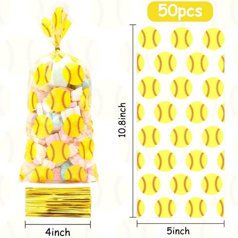 50 PCS Plastic Softball Cellophane Treat bags with Ties Goodie Candy Gift Bags Baby Shower Birthday Sport Gold Balls Game Team Party Decorations Favors Supplies Craft Baseball Pouches Clear(5x11) in Kuwait