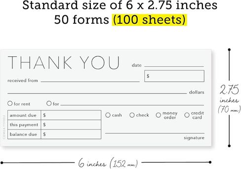 2-Part Receipt Book for Small Business, 6 x 2.75 Inches, 50 Forms/100 Sheets, White & Yellow Pages, Back Chipboard Support, Small Business Must Haves (Thank You - Model F) in Saudi Arabia