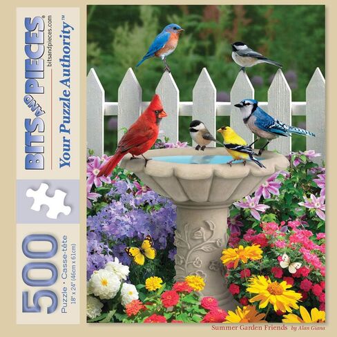 Bits and Pieces – 300 Piece Jigsaw Puzzle for Adults – Summer Garden Friends - Bird Bath Flower Fence Yard Outdoor Animal Jigsaw Puzzle by Artist Alan Giana, Completed Puzzle Size: 18" x 24" in Saudi Arabia