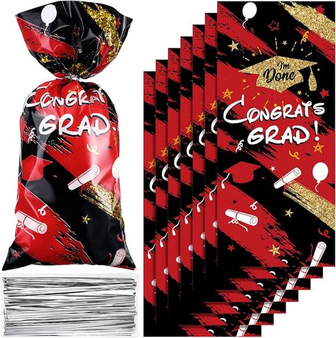 Blulu 100 Pieces Graduation Cellophane Treat Bags Congrats Graduates Candy Plastic Goodie Wrapping Gift Bags with 100 Silver Twist Ties for Grad Party Supplies(Red) in Saudi Arabia