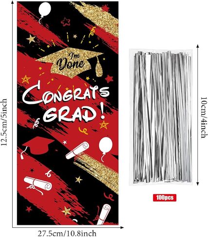 Blulu 100 Pieces Graduation Cellophane Treat Bags Congrats Graduates Candy Plastic Goodie Wrapping Gift Bags with 100 Silver Twist Ties for Grad Party Supplies(Red) in Saudi Arabia