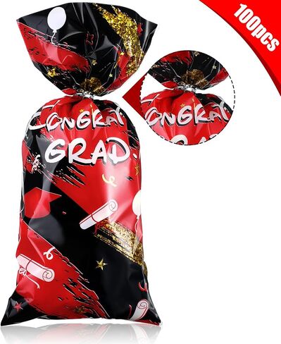 Blulu 100 Pieces Graduation Cellophane Treat Bags Congrats Graduates Candy Plastic Goodie Wrapping Gift Bags with 100 Silver Twist Ties for Grad Party Supplies(Red) in Saudi Arabia