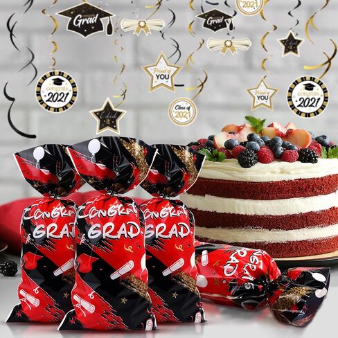 Blulu 100 Pieces Graduation Cellophane Treat Bags Congrats Graduates Candy Plastic Goodie Wrapping Gift Bags with 100 Silver Twist Ties for Grad Party Supplies(Red) in Saudi Arabia