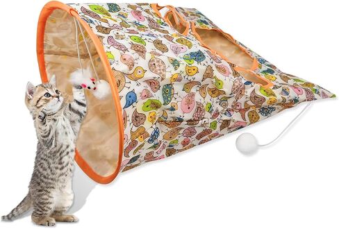 Andiker Cat Tunnel Bags for Indoor Cats, 13x17x12In Foldable Cat Crinkle Bag with 3 White Plush Balls and 1 Mouse 5 Holes for Kitten to Hide and Catch 3 Layers Cat Toy (Bird) in Kuwait