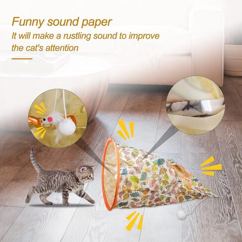 Andiker Cat Tunnel Bags for Indoor Cats, 13x17x12In Foldable Cat Crinkle Bag with 3 White Plush Balls and 1 Mouse 5 Holes for Kitten to Hide and Catch 3 Layers Cat Toy (Bird) in Kuwait