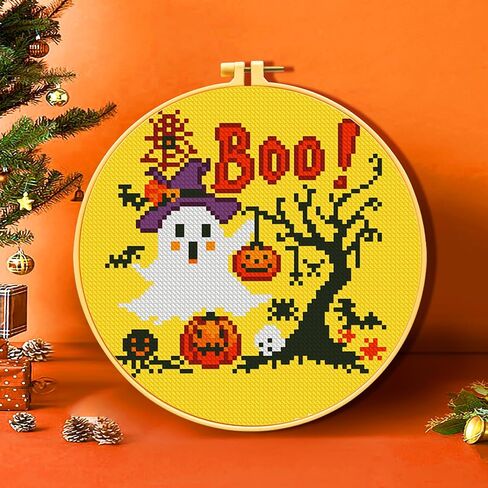 Zhenging Halloween Cross Stitch Kit w/Haunted House, Pumpkin, Black Cat & Ghost | 9.45x9.45 Inch Embroidery Kit with Hoop, Scissors, Tassel | DIY Halloween Decor, Gifts(68305) in Saudi Arabia