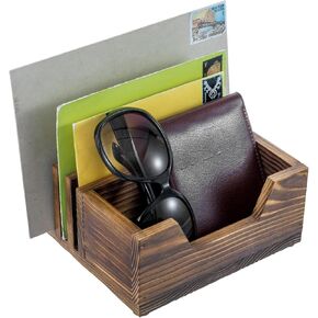 MyGift Deluxe Rustic Burnt Solid Wood Mail Sorter and Key Holder, Entryway Table or Office Desk Organizer Tray with 3 Letter Slots and Accessories Storage Bin