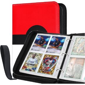 Card Binder with Sleeves,trading card binder 4 pocket with 50 Removable Sleeves, 400 Cards Pocket Portable Collection Card Book, Game Sports Card with Photo Albums with Zipper for Gifts-white&Red