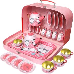 Tea Set for Little Girls, Pretend Play Tea Party Set, Unicorn Design Kids Tin Tea Set with Carrying Case (15 Pcs)