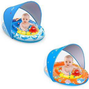Blue Baby Pool Float + Orange Baby Pool Float with Canopy UPF50+ Sun Protection
